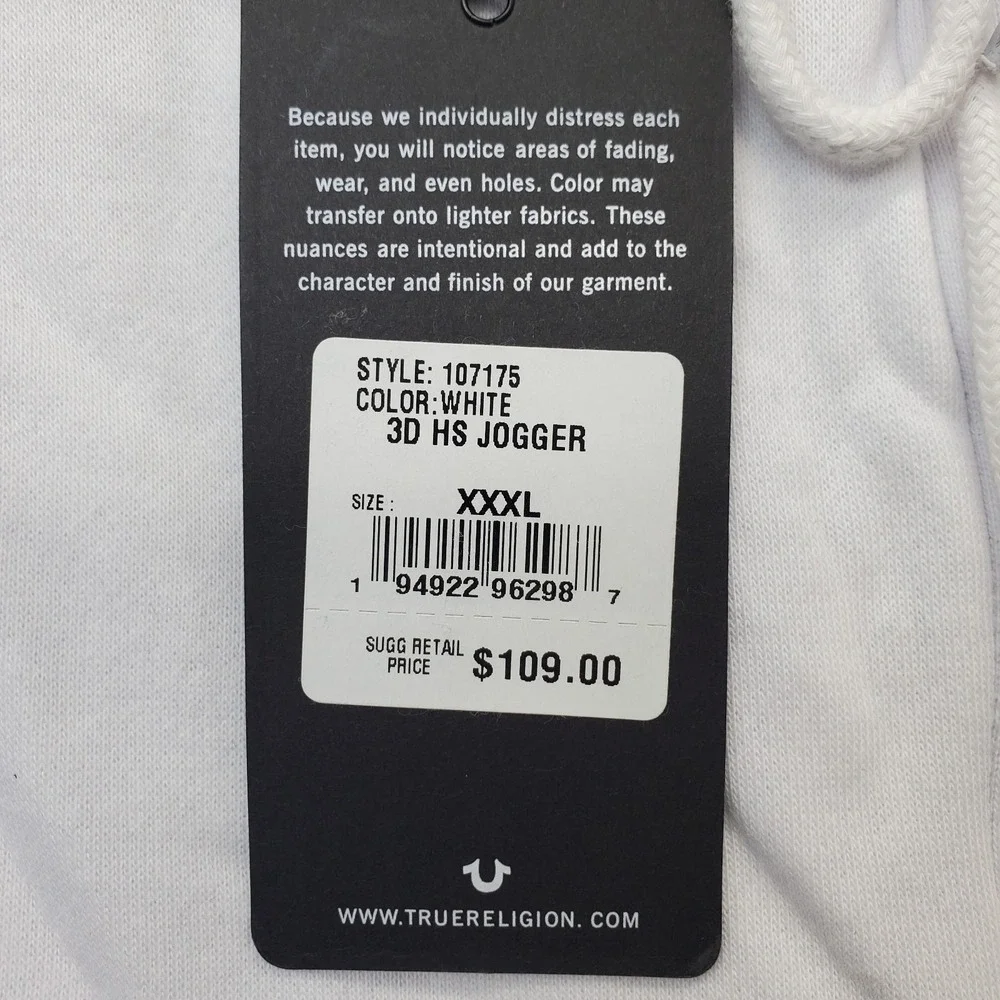 True Religion Jogger Pants Mens XXXL White Embroidered Logo Pocket Elastic Waist